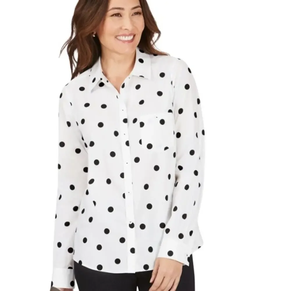 Foxcroft White Black Polka Dot Button Down Shirt Size 14 Roll Tab Sleeve Classic